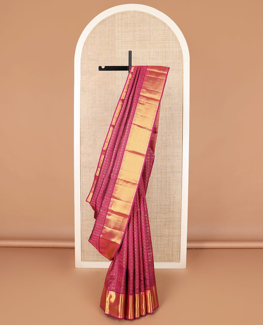 Pink zari buttas Kanchipuram silk saree, zari border of manga, mayil, and kuyil kann designs, and jaal pallu