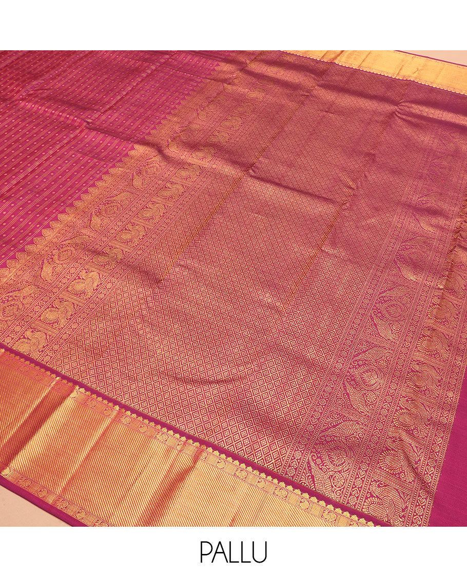 Pink zari buttas Kanchipuram silk saree, zari border of manga, mayil, and kuyil kann designs, and jaal pallu