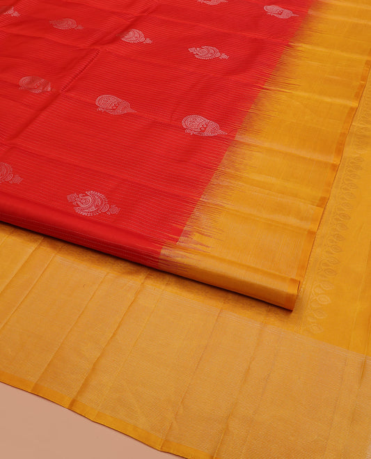 Red Kanchipuram Silk Saree Enriched with Zari Buttas on Its Body, Complemented by a Contrast Border, Captivating Pallu of Sparsely Woven Designs, and Paired with a Contrast Blouse