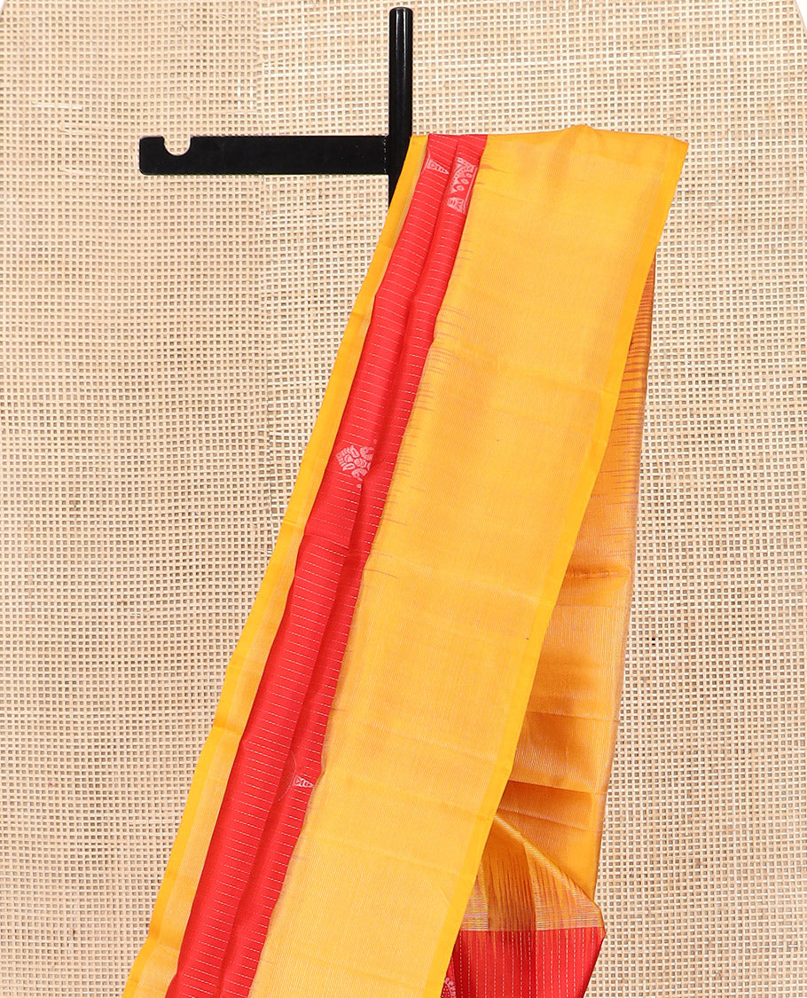 Red Kanchipuram Silk Saree Enriched with Zari Buttas on Its Body, Complemented by a Contrast Border, Captivating Pallu of Sparsely Woven Designs, and Paired with a Contrast Blouse