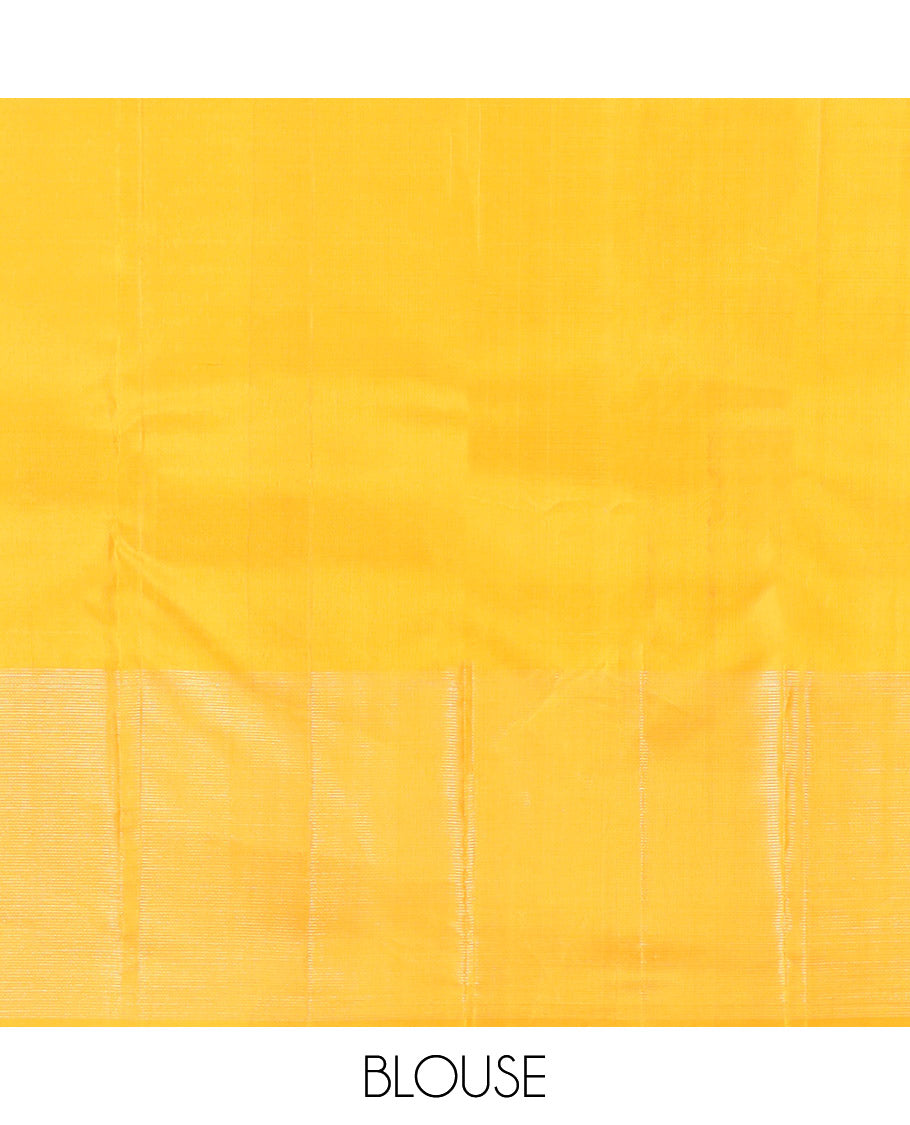 Red Kanchipuram Silk Saree Enriched with Zari Buttas on Its Body, Complemented by a Contrast Border, Captivating Pallu of Sparsely Woven Designs, and Paired with a Contrast Blouse