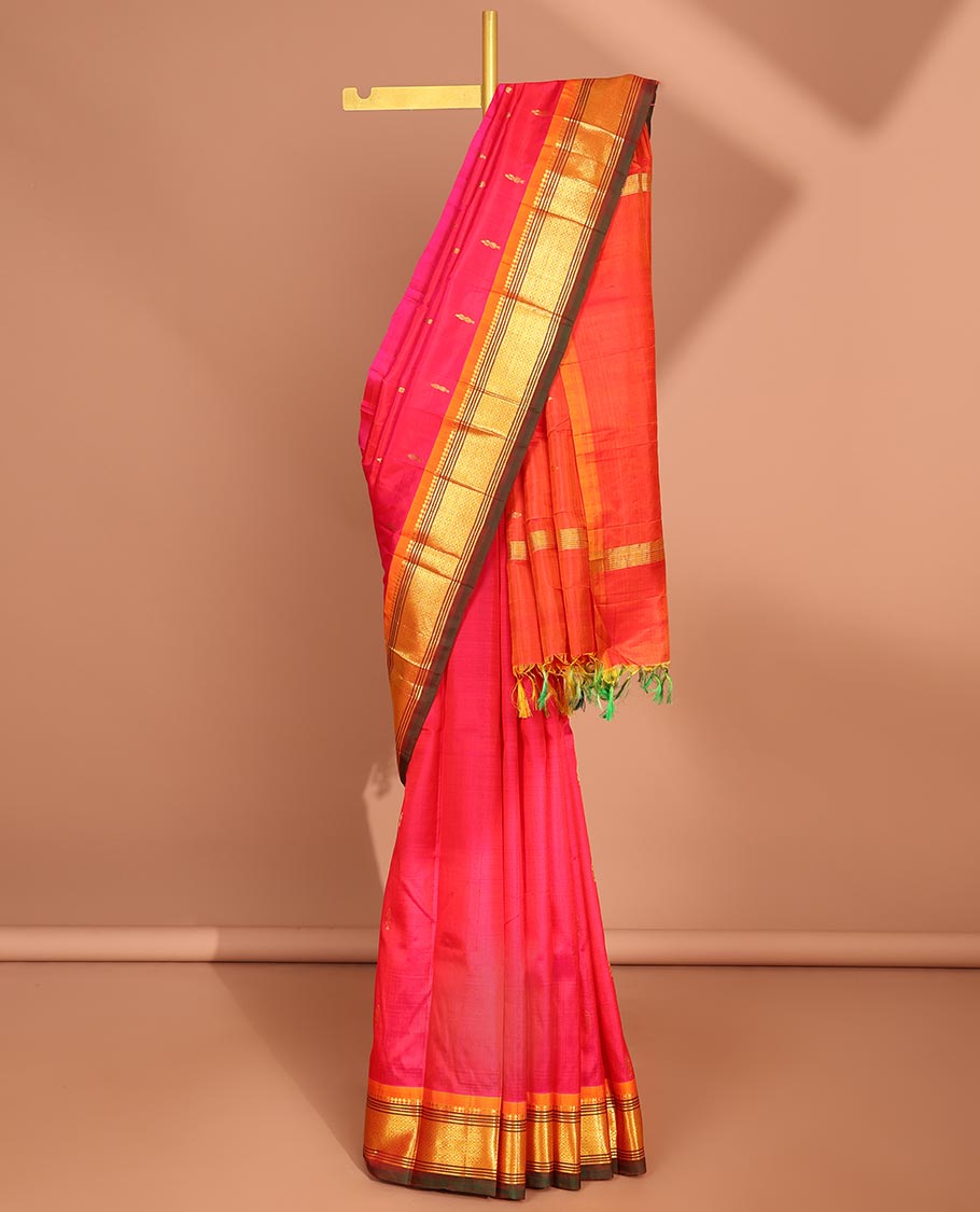 Red floral buttas kancheepuram silk saree with contrast border of sombu,banaras, muthu, jaal design & zari design pallu