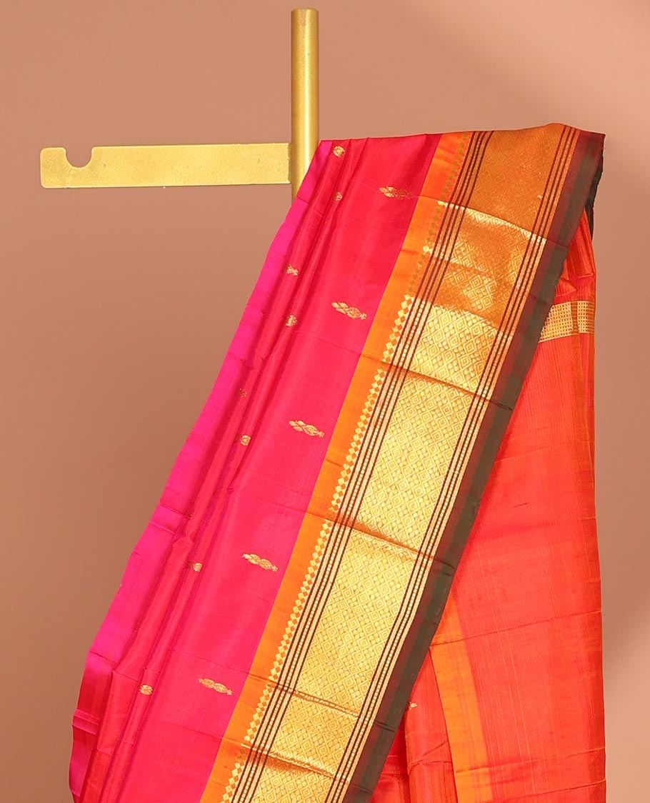 Red floral buttas kancheepuram silk saree with contrast border of sombu,banaras, muthu, jaal design & zari design pallu