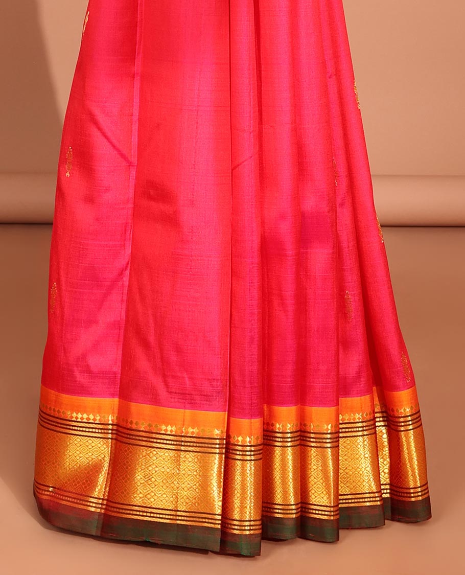 Red floral buttas kancheepuram silk saree with contrast border of sombu,banaras, muthu, jaal design & zari design pallu