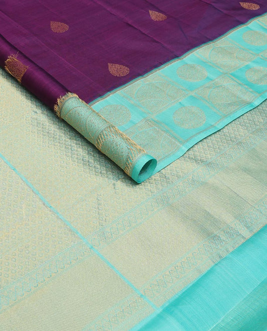 Purple zari buttas silk saree, contrast zari butta enclosed checked border & zari woven pallu of jaal designs