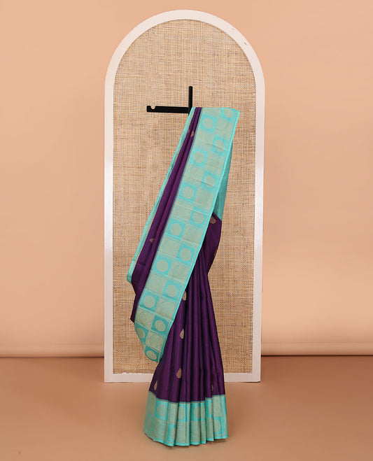 Purple zari buttas silk saree, contrast zari butta enclosed checked border & zari woven pallu of jaal designs