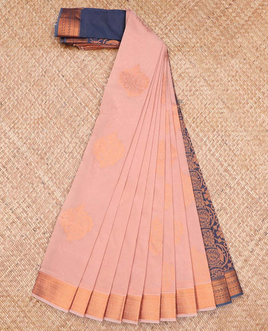 Peach floral motifs kora cotton saree with contrast zari design border & floral vine design pallu