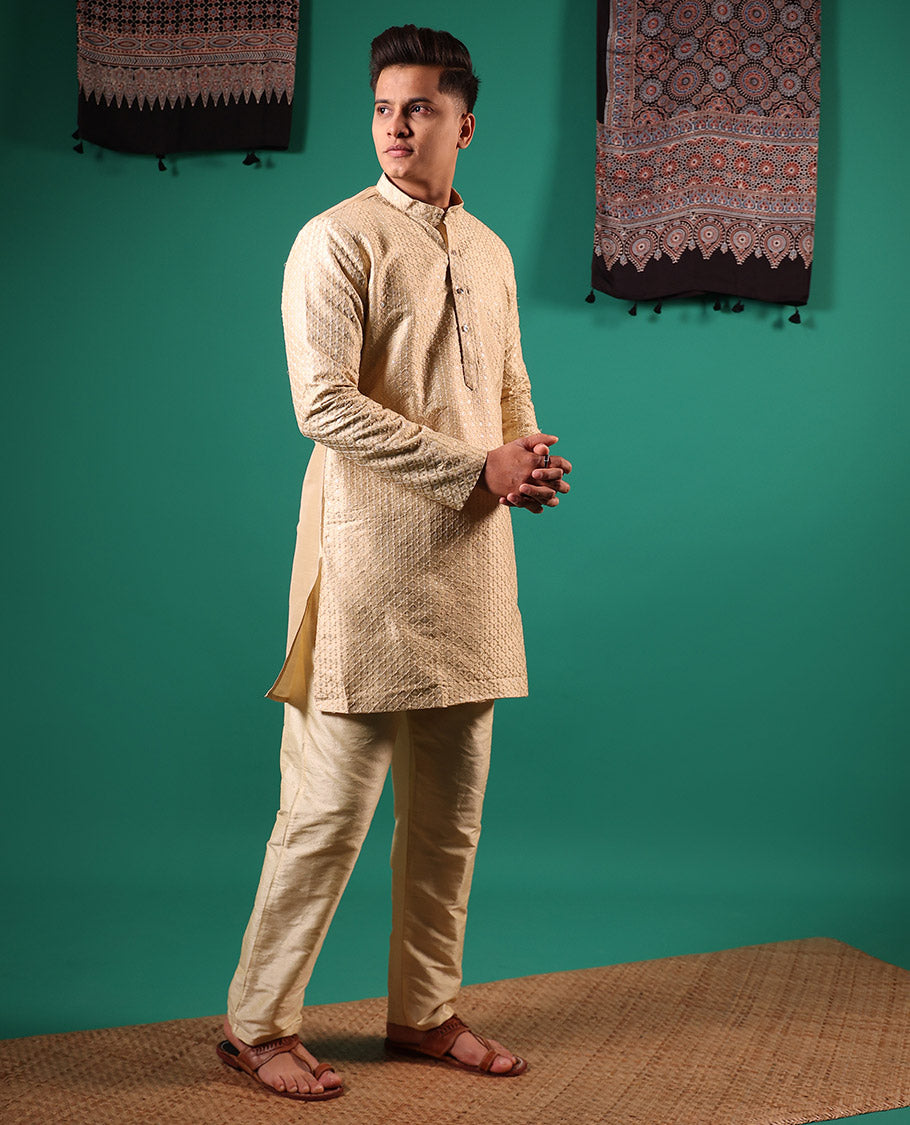 Sandal jaal pattern sequins embroidered full-sleeved men's kurta