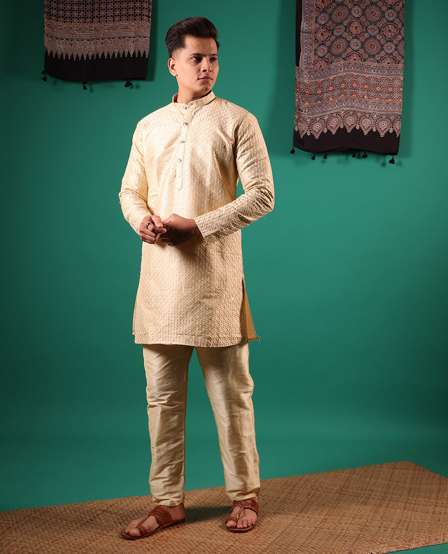 Sandal jaal pattern sequins embroidered full-sleeved men's kurta