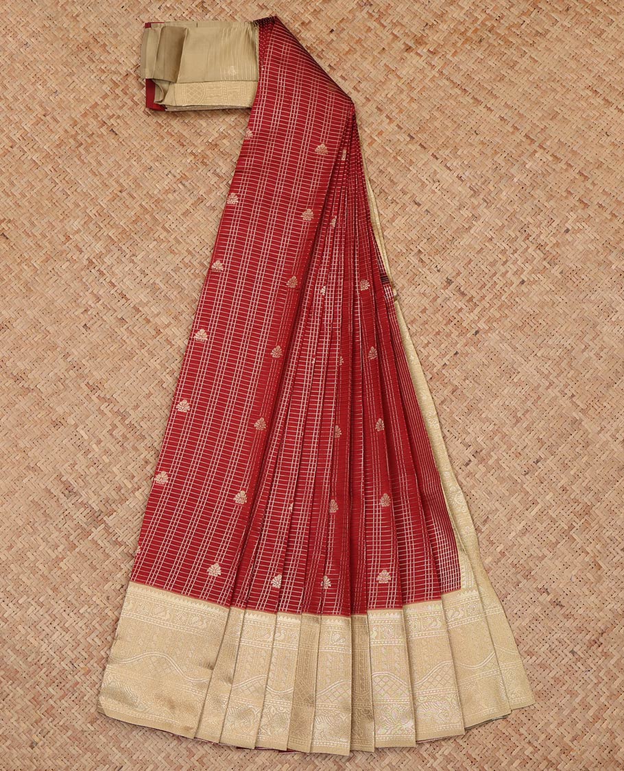 Maroon Litchi Saree, Woven with Zari Buttas and Checks, a Contrast Traditional Zari Border, a Grand Pallu, and a Contrast Blouse