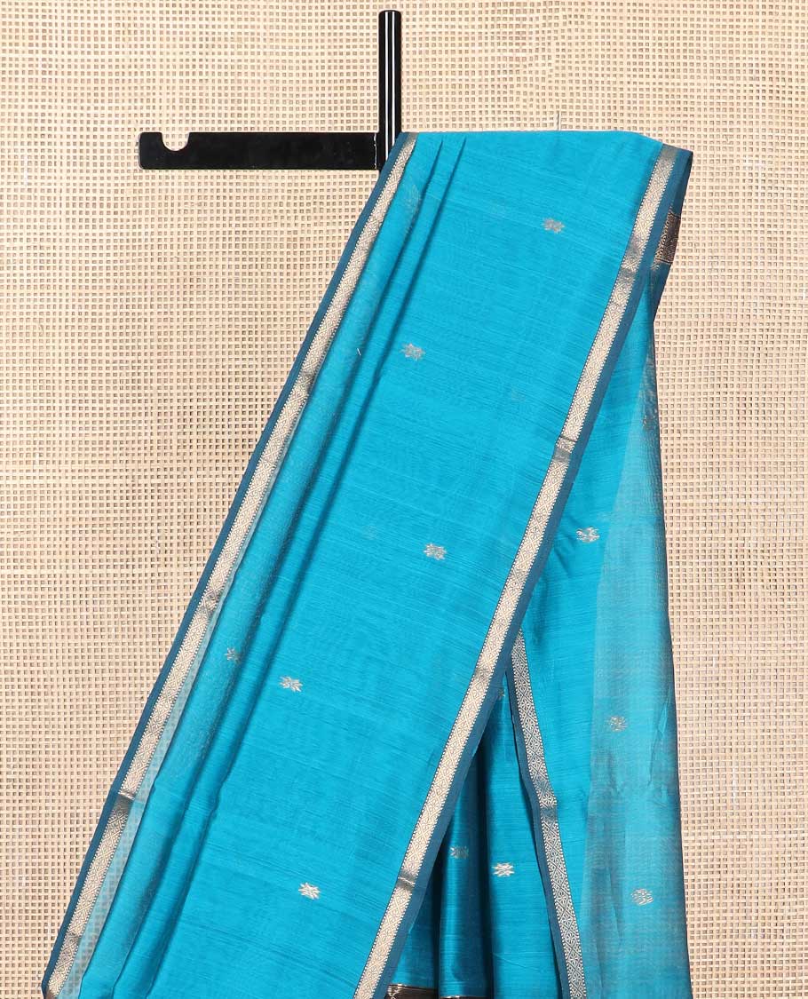Blue motifs maheshwari cotton saree with contrast zari border & striped, floral design pallu