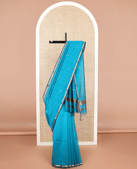 Blue motifs maheshwari cotton saree with contrast zari border & striped, floral design pallu