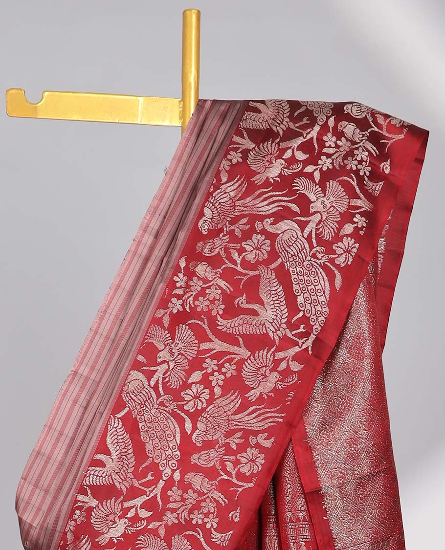 Red floral buttas soft silk saree with contrast floral border & floral jaal zari design pallu