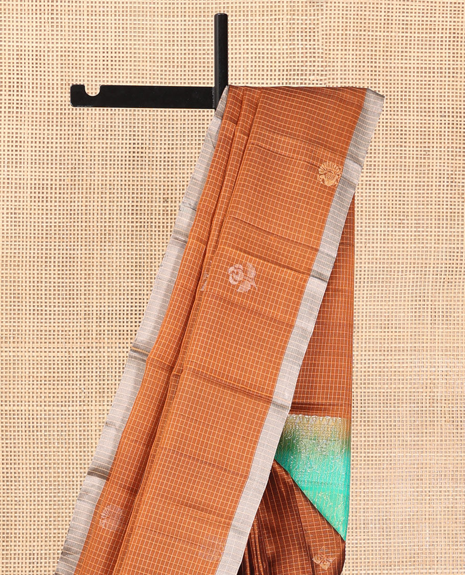 Honey Color Mayuri Lite Silk Mix Saree, Sparsely Threaded with Zari Buttas and Checks, a Complemented by a Contrast Border, a Contrast Intricate Pallu, and a Contrast Blouse