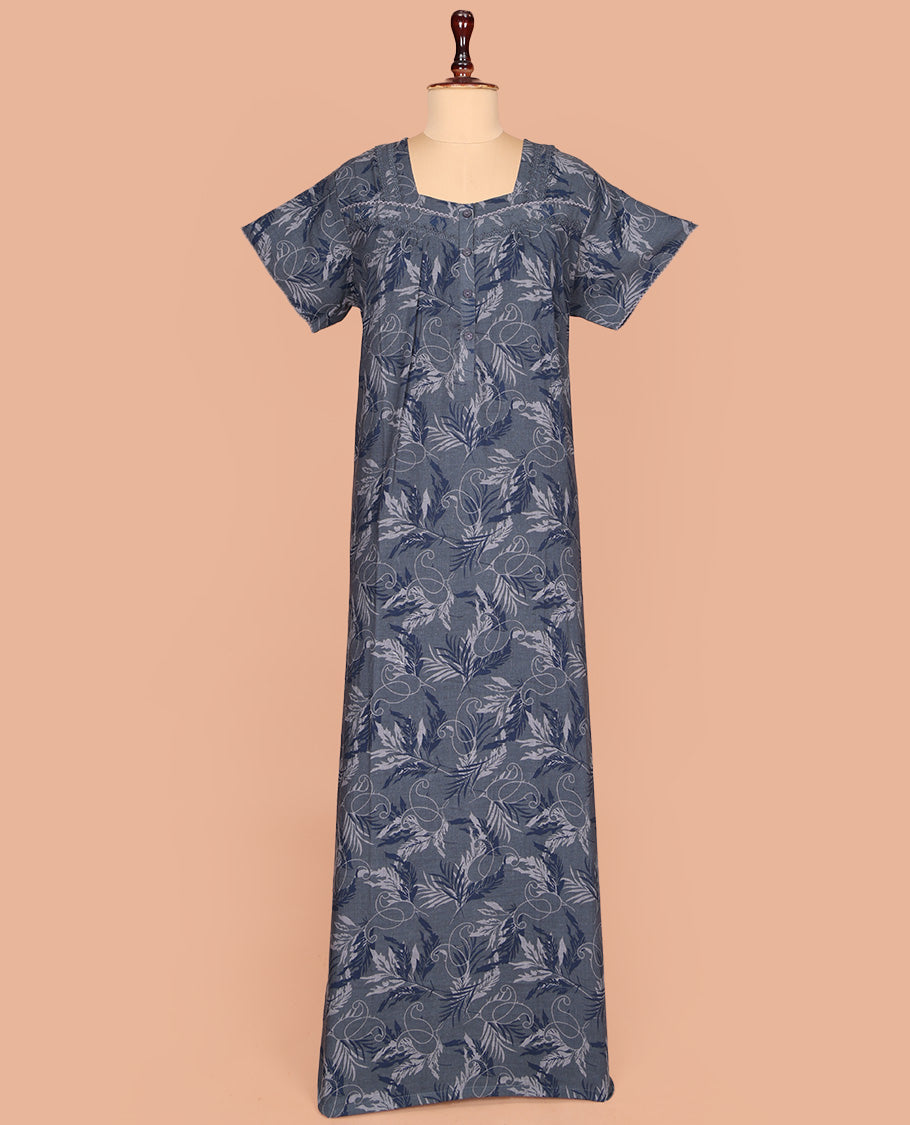 Dark Grey Cotton Nighty Decorated with Floral Print, Featuring Lace Work, Square Front Neck, and Half  Sleeves