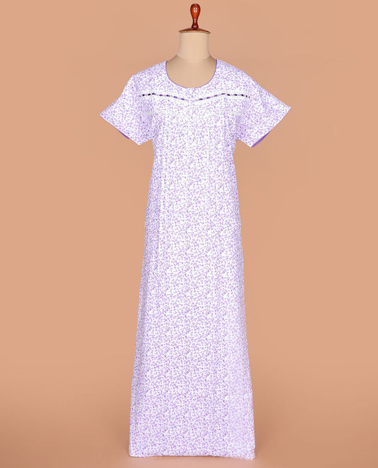 White base micro floral printed with round neck lace work half-sleeve nighty