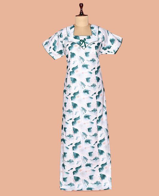White-Teal Cotton-Blended Nighty