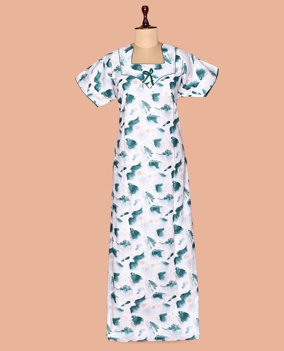 White-Teal Cotton-Blended Nighty
