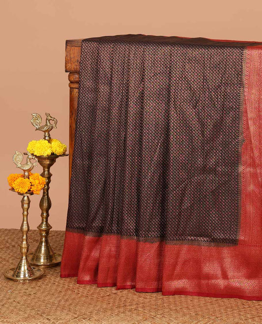 Black with red zari weaving banaras softy saree with contrast traditional border & rich weaving pallu along with brocade blouse