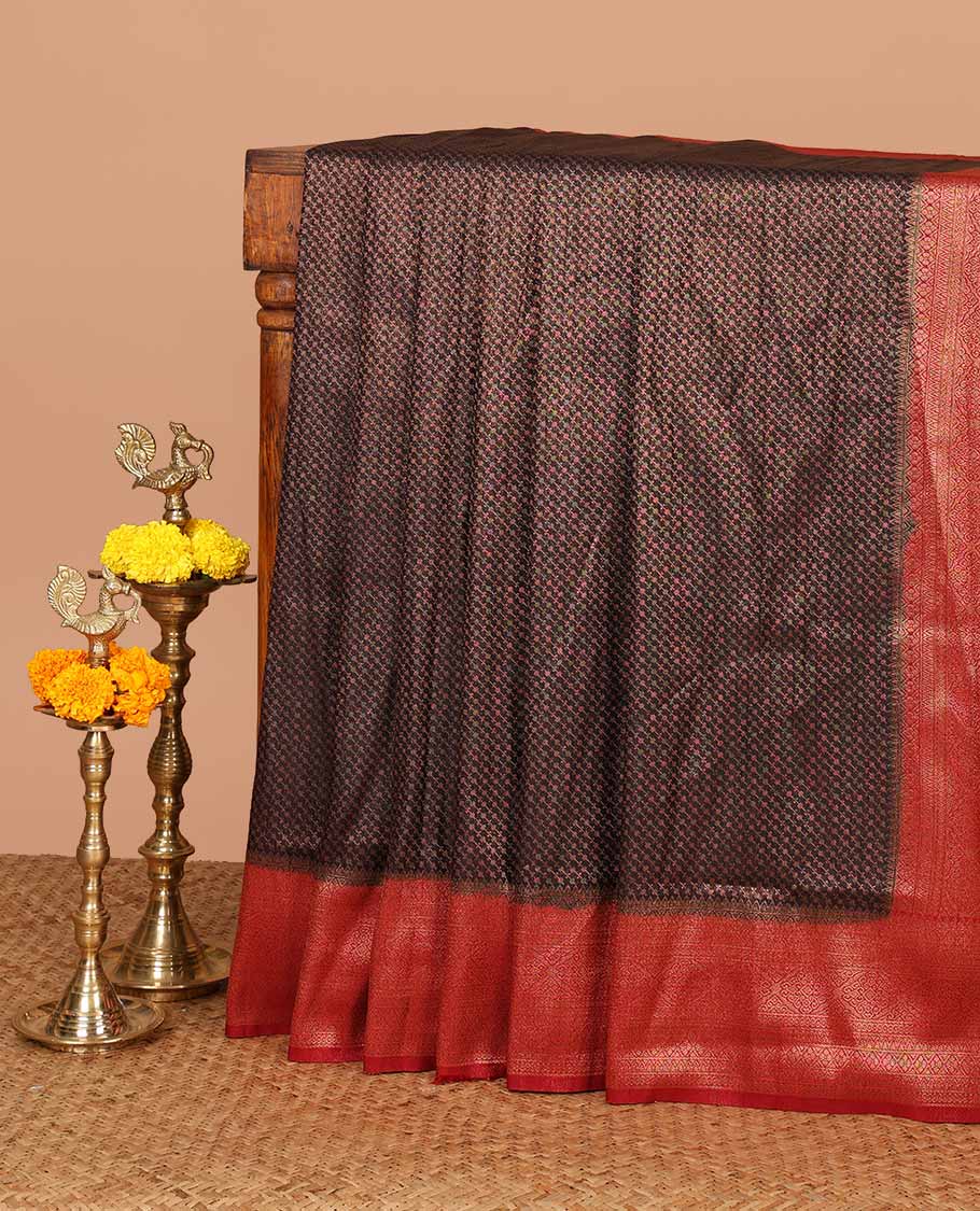 Black with red zari weaving banaras softy saree with contrast traditional border & rich weaving pallu along with brocade blouse