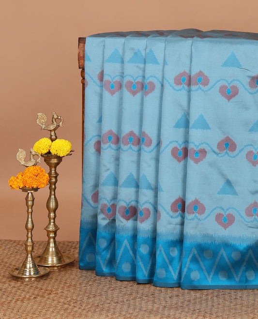 Blue unique motifs thread weave pochampally ikkat mulberry silk saree, contrast chevron & polka dot border and zari-rich intricate pallu