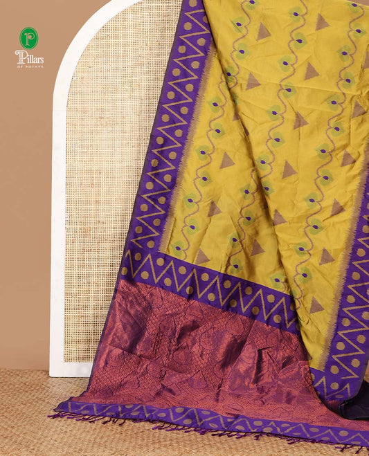 Yellow unique motifs thread weave pochampally ikat mulberry silk saree, contrast chevron & polka dot border and zari-rich intricate pallu