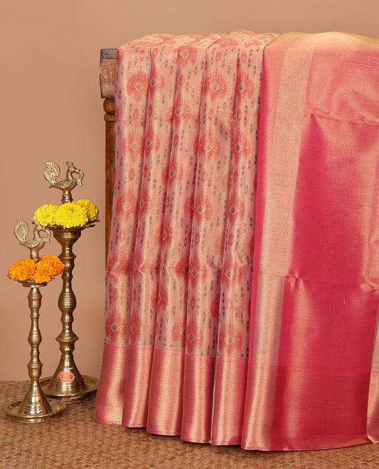 Pink intricate jaal screen-printed banaras tissue saree, zari bavanji border, brocade weave pallu & contrast brocade blouse