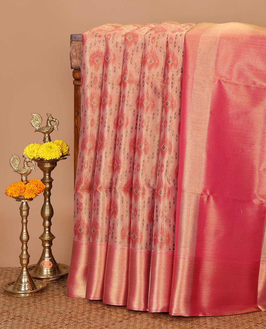 Pink intricate jaal screen-printed banaras tissue saree, zari bavanji border, brocade weave pallu & contrast brocade blouse