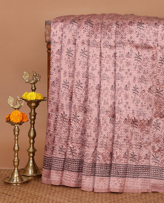 Onion pink warli-village theme printed litchi crushed saree, printed border, self-printed pallu & small butta printed blouse