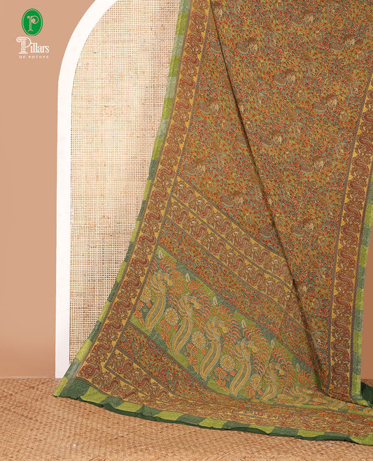 Green intricate floral & bird printed kimaya saree, peacock printed border, printed pallu & contrast printed blouse