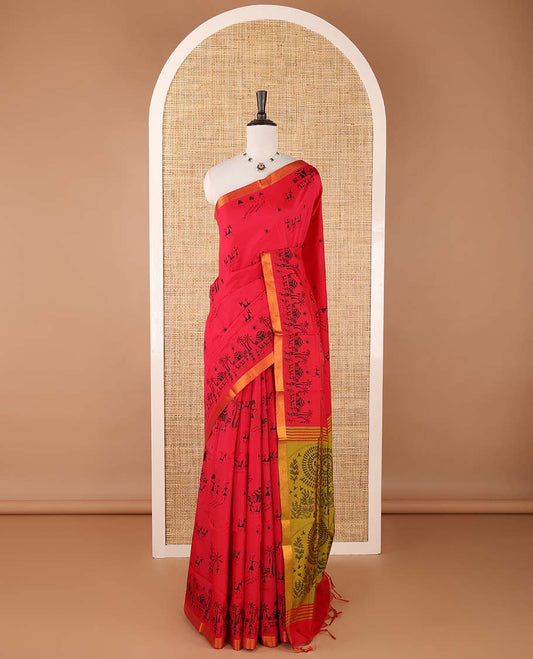 Magenta pink warli motifs printed micro-silk saree, copper zari small border, contrast warli printed pallu & plain blouse