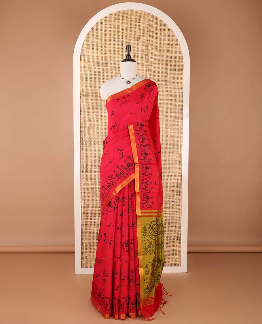 Magenta pink warli motifs printed micro-silk saree, copper zari small border, contrast warli printed pallu & plain blouse