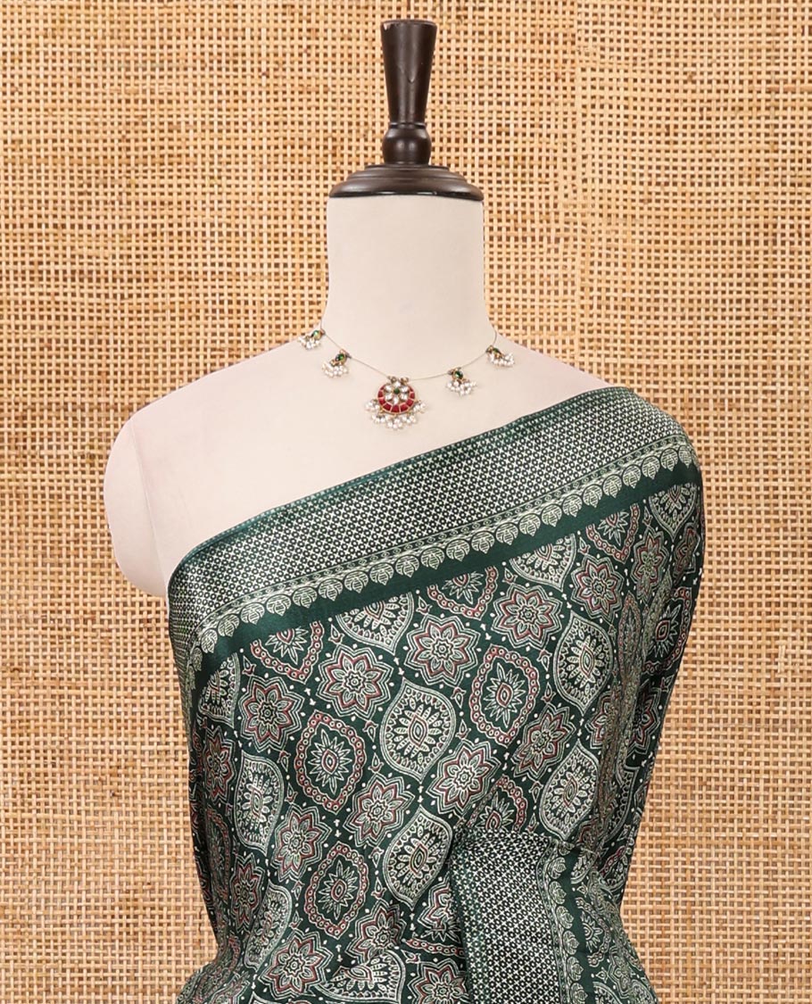 Green Ajrakh-printed turkey crepe saree, printed border, Ajrakh-printed pallu & small buttas printed blouse