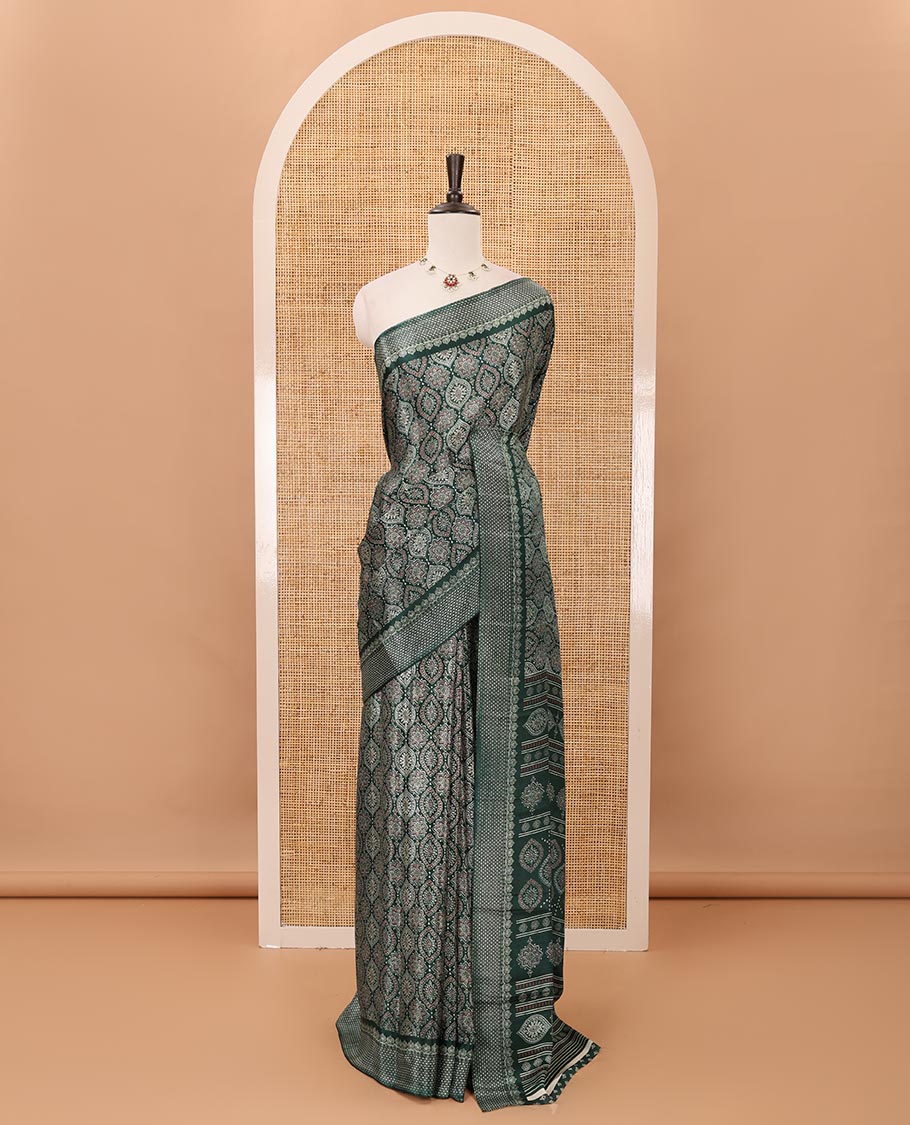 Green Ajrakh-printed turkey crepe saree, printed border, Ajrakh-printed pallu & small buttas printed blouse