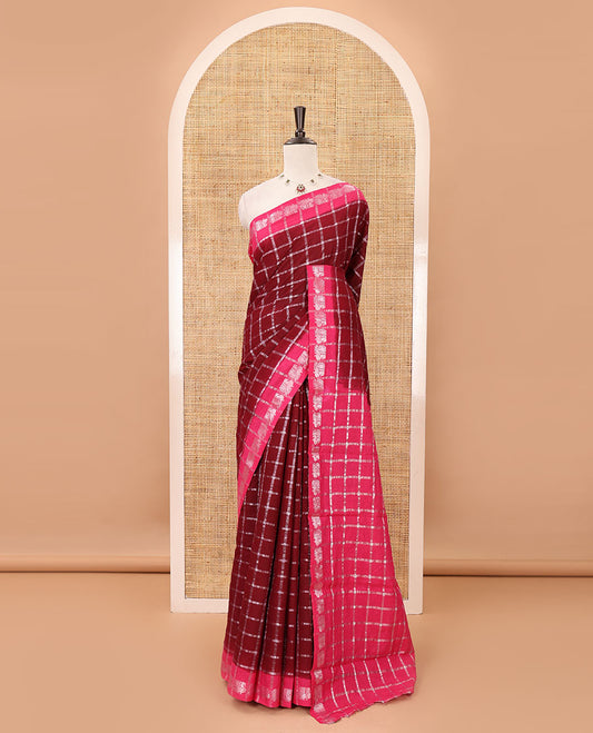 Maroon zari checked sungudi cotton saree, contrast pink border of zari peacock motifs & checked peacock motif pink blouse