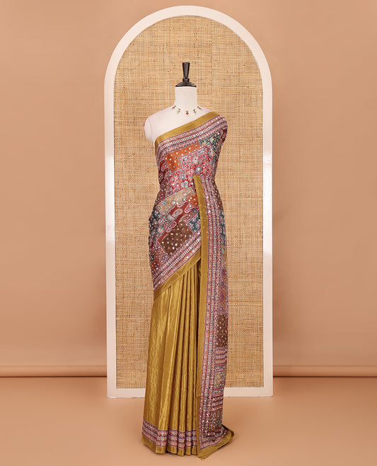Mustard geometric patterns kaleidoscope-colored printed & mirror embroidered half-&-half masakali saree, printed border & pallu of  embroidery work & plain blouse