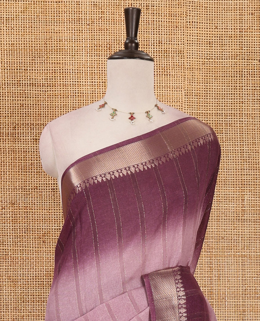 Light lavender  ombre vertical striped Manipuri tussar saree, contrast traditional zari border, striped pallu & running blouse