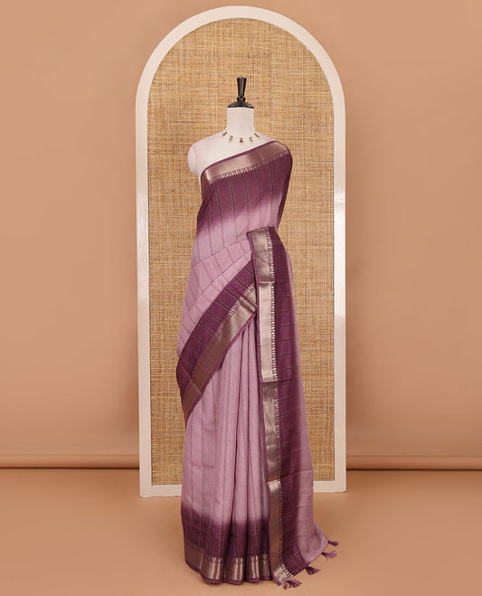 Light lavender  ombre vertical striped Manipuri tussar saree, contrast traditional zari border, striped pallu & running blouse
