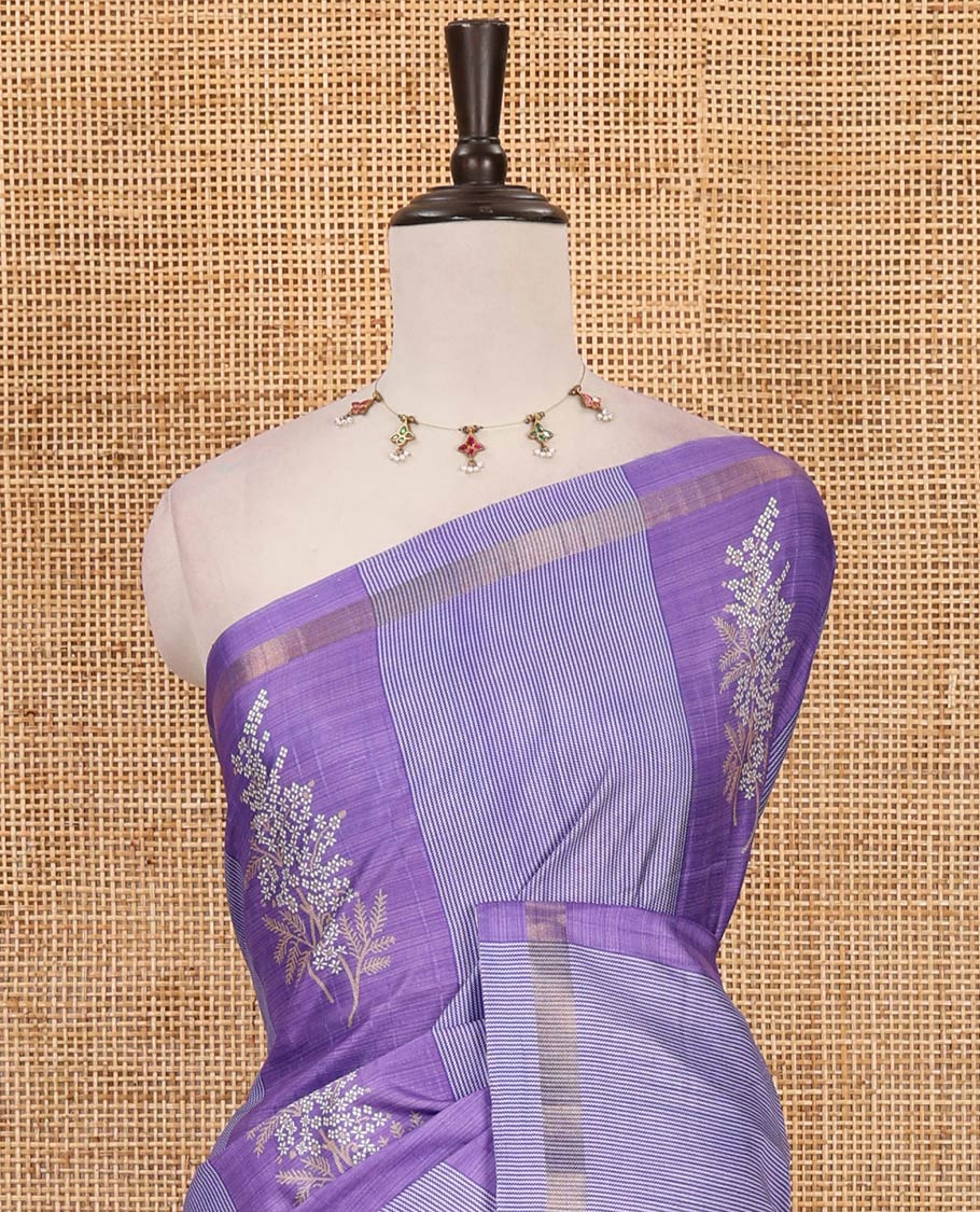 Violet vertical striped & floral motifs Katan silk saree, zari piping border & pallu of yaali & jaal motifs