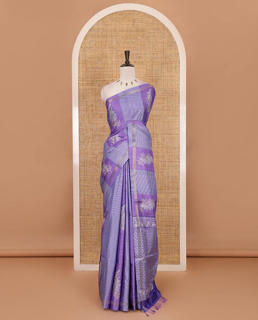 Violet vertical striped & floral motifs Katan silk saree, zari piping border & pallu of yaali & jaal motifs