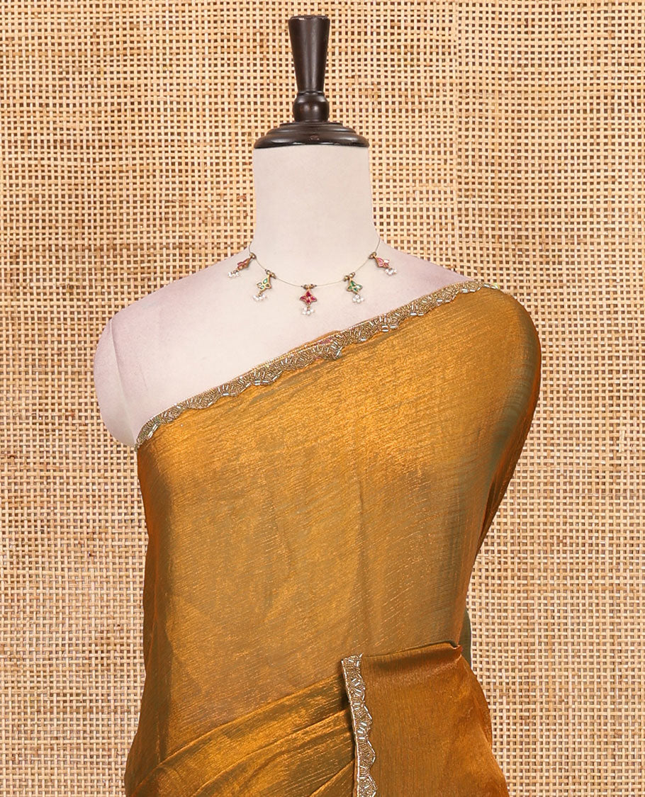 Mehendi green full-plain fendy chiffon saree, hand kardana embroidered border & contrast wine color plain blouse with kardana embroidered border
