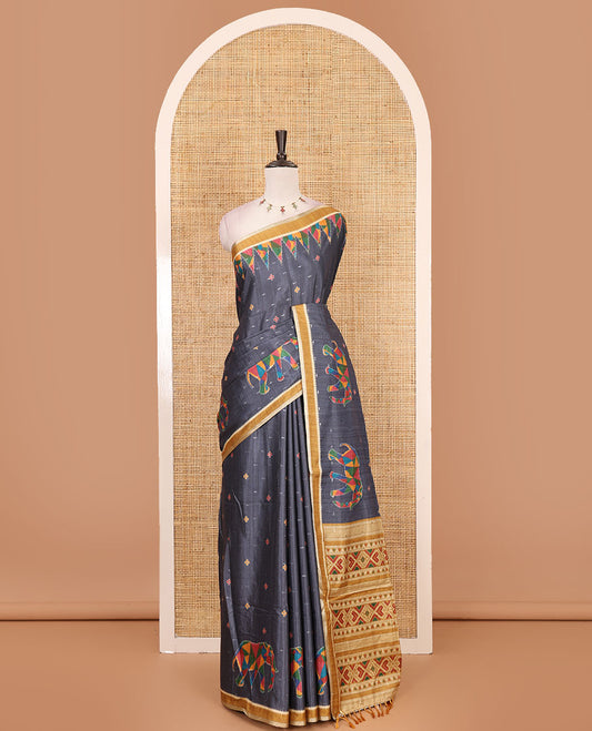 Grey buttas & kaleidoscope color elephant motifs printed katan silk saree, contrast multi-hue temple motif border, ikkat geometric print pallu & contrast printed blouse
