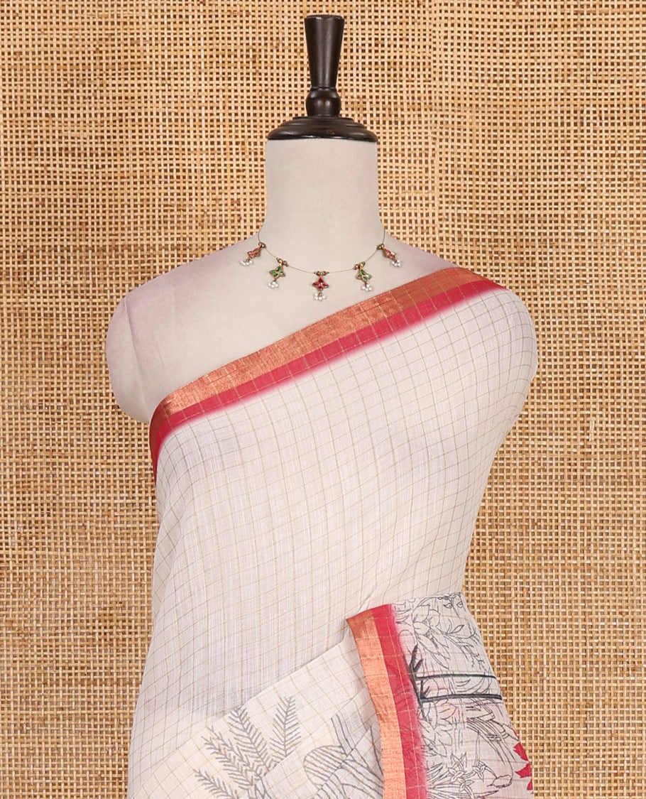White with pink zari checks linen saree with contrast border and unique designs of pallu along with contrast plain blouse