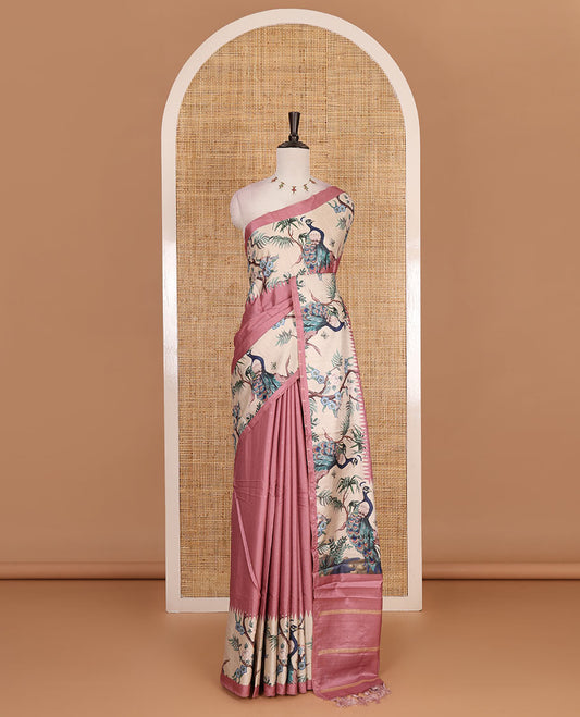 Onion pink gold zari dotted buttas semi tussar saree, contrast temple border features peacocks on the brand design print, striped pallu, and printed blouse