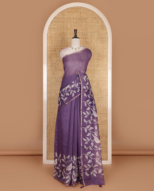 Violet plain Chanderi silk saree, floral vine, and sparrow motifs printed skirt border, and pallu, sparrow motifs printed blouse