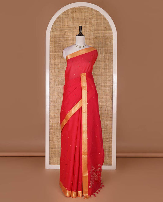 Rani pink buttas Mangalagiri cotton saree, contrast traditional zari border, floral vine with bird embroidered pallu, and matching blouse