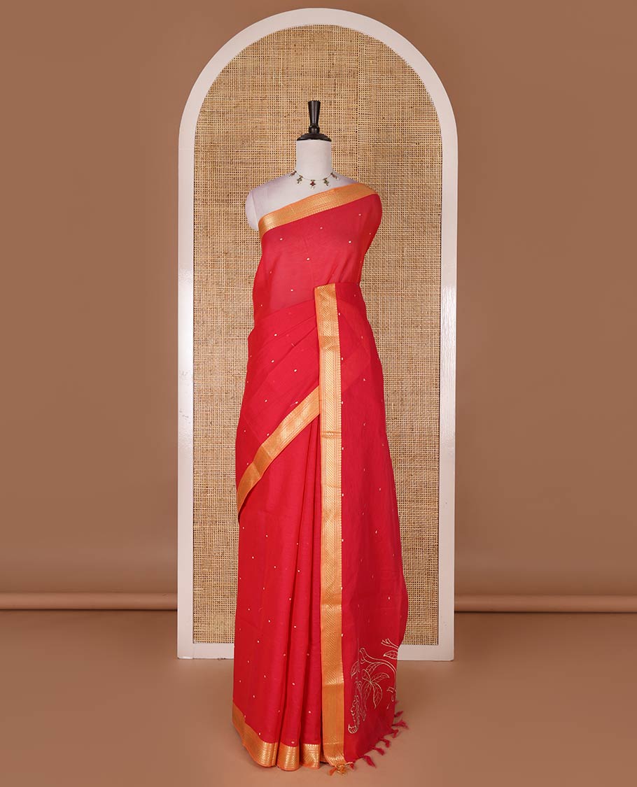 Rani pink buttas Mangalagiri cotton saree, contrast traditional zari border, floral vine with bird embroidered pallu, and matching blouse