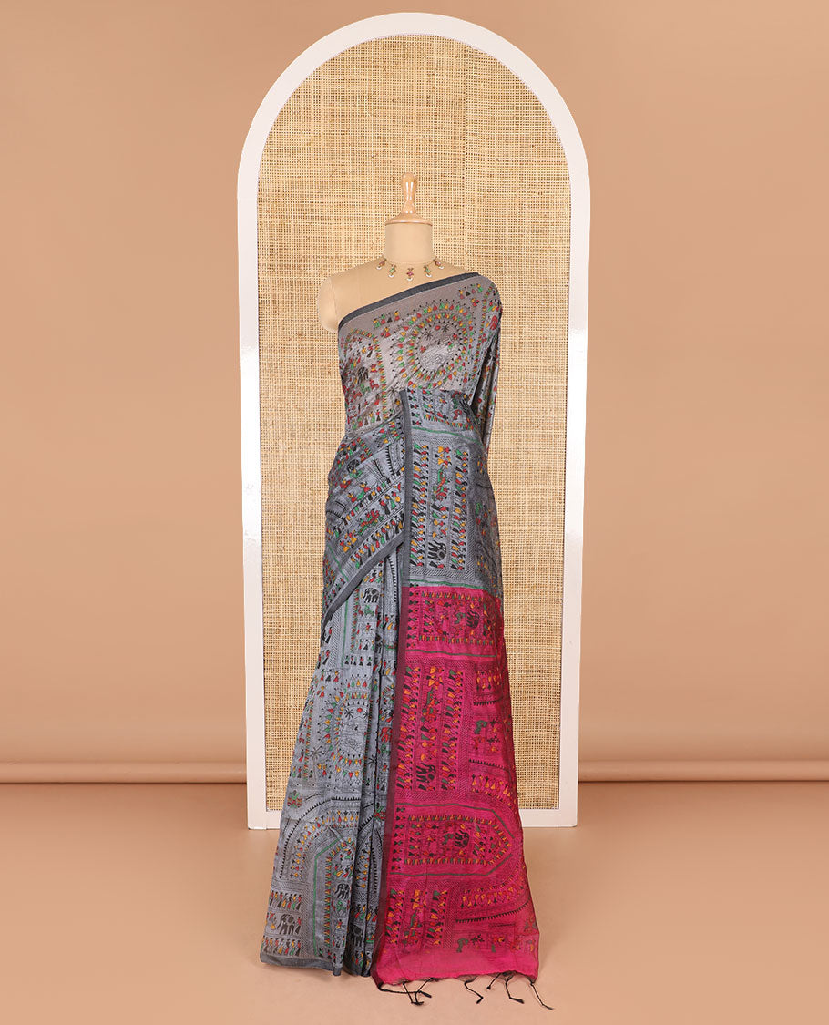 Borderless elephant grey and pink Warli village printed khadi mul cotton saree, contrast Warli motifs printed pallu, and a plain blouse