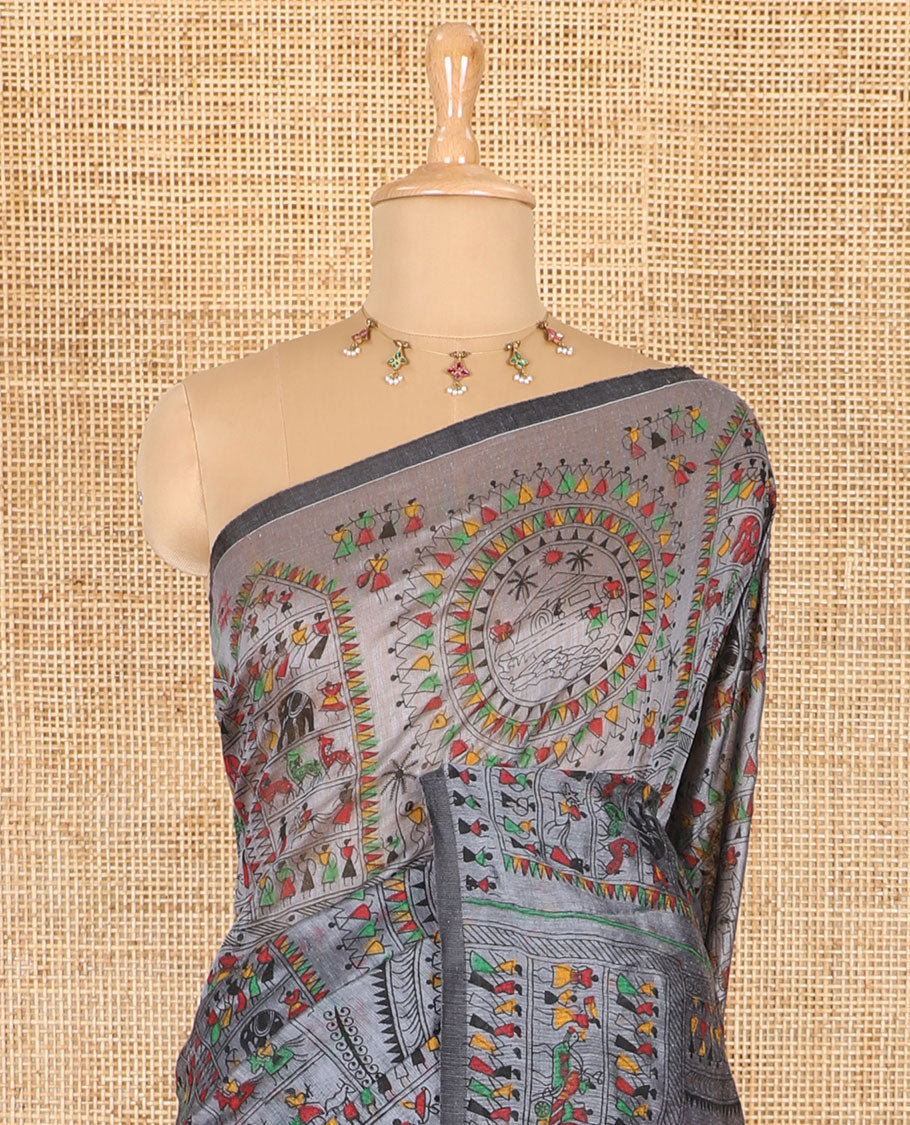 Borderless elephant grey and pink Warli village printed khadi mul cotton saree, contrast Warli motifs printed pallu, and a plain blouse