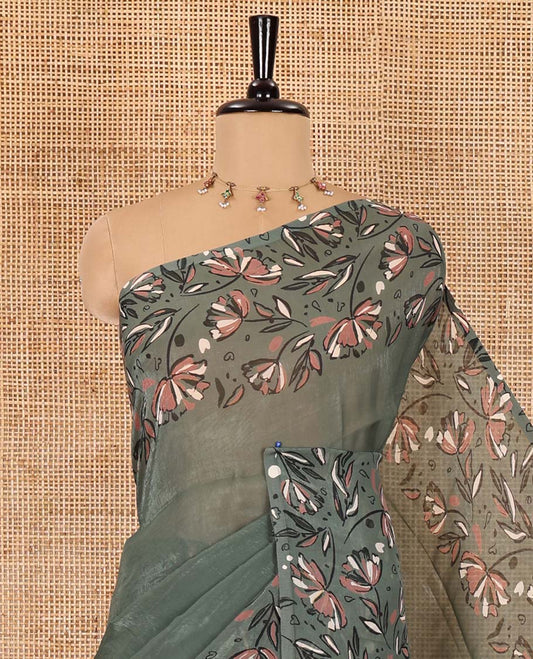 Green plain fendy chiffon saree, double-side floral motifs printed border, self-pallu, and no blouse